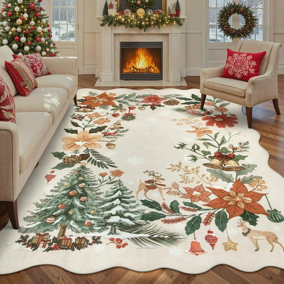 Moynesa 8'x10' Christmas Rug for Living Room, Xmas Tree Floral Rug Washable Rug Non Slip Boho Carpet Holiday Decor Soft Accent Rug for Bedroom Dining Room, Beige