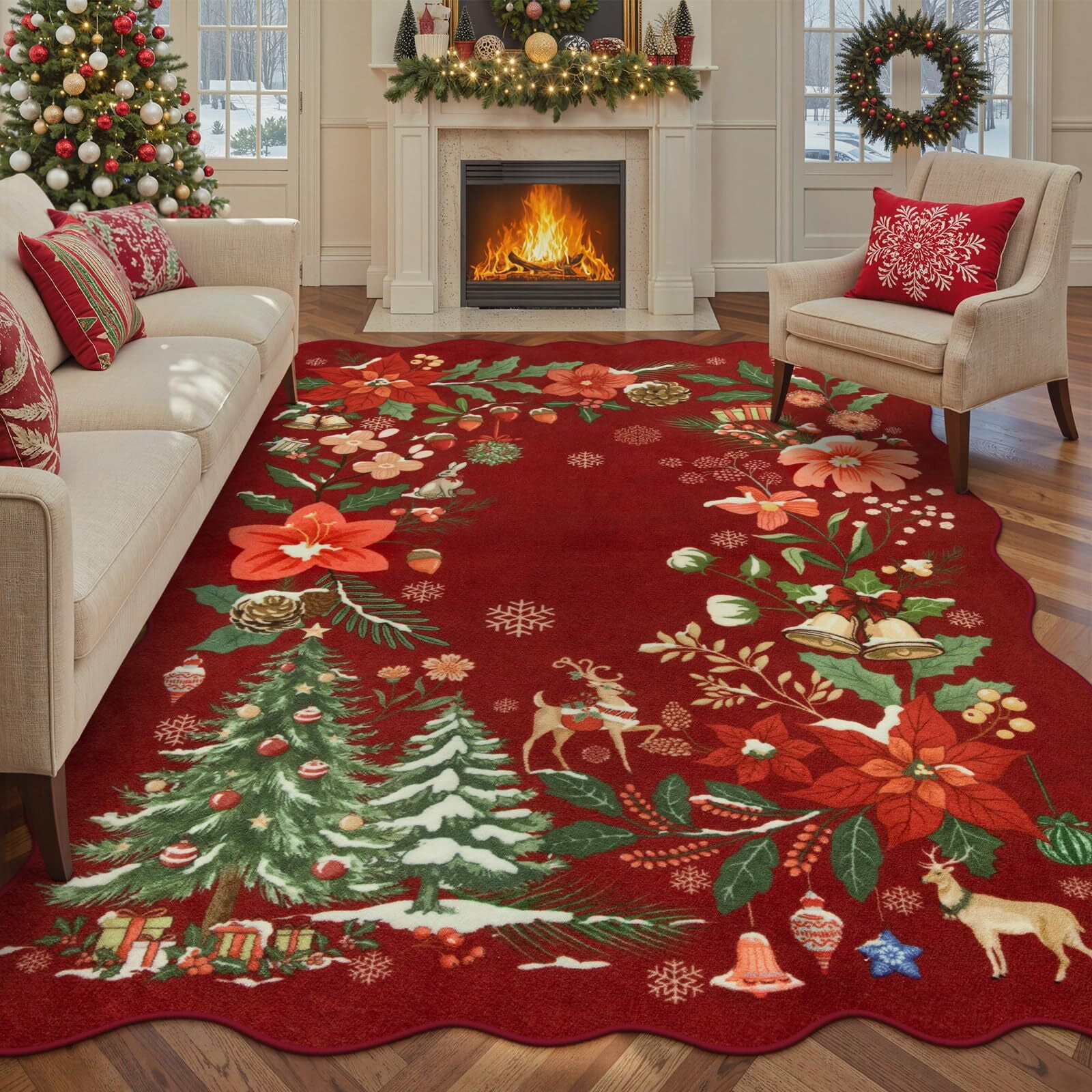Moynesa 8'x10' Christmas Area Rug for Living Room, Xmas Tree Floral Rug ...
