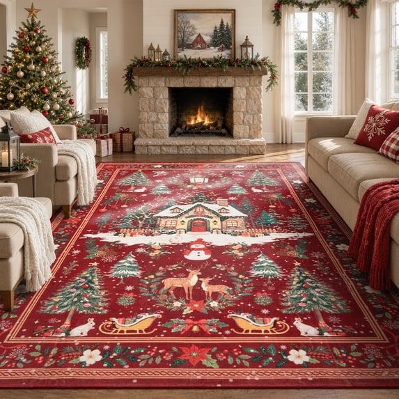 Moynesa Christmas 8'x10'Area Rug for Living Room Soft Machine Washable Christmas Rug with Non-Slip Sponge Backing Lightweight Holiday Rug for High Traffic Areas Festive Christmas Home Decor