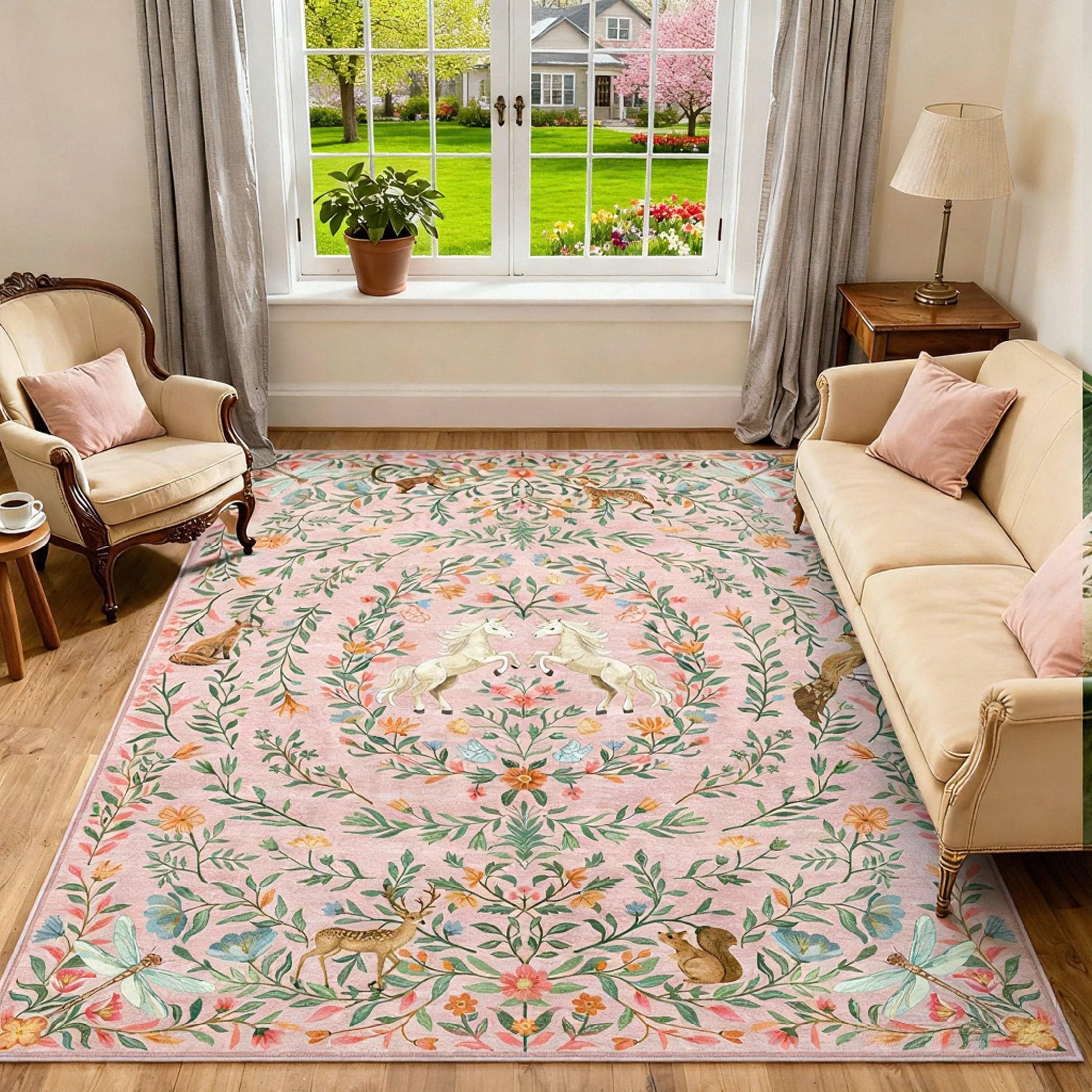 Moynesa 8'x10' Fantasy Garden Area Rugs for Living Room, Washable Vintage Botanical Unicorn Girls Rugs for Bedroom, Large Animal Accent Carpet for Dining Room Nursery Playroom, Pink