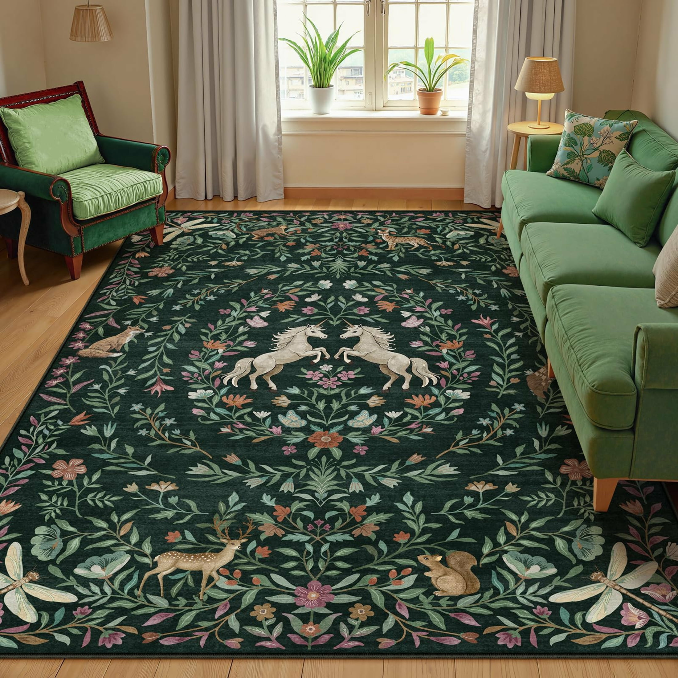 Moynesa 8'x10' Fantasy Garden Area Rugs for Living Room, Washable Vintage Botanical Unicorn Rugs for Bedroom, Large Victorian Accent Carpet for Dining Room Nursery Playroom, Dark Green