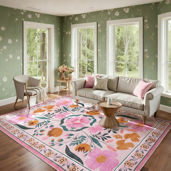 Moynesa 8'x10' Farmhouse Floral Washable Rugs for Living Room, Large Pink Coquette Rugs for Bedroom, Soft Colorful Boho Flower Accent Carpet for Dining Room Nursery Dorm Apartmen