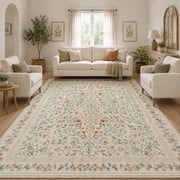 Moynesa 8x10 Washable Rugs for Living Room, Vintage Botanical Area Rug, Soft Non Slip Low Pile Carpet for Bedroom Dining Room, Cottage Home Decor, Beige