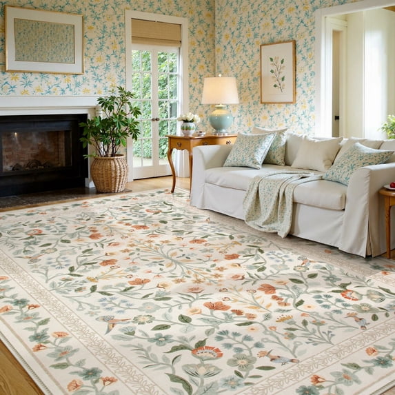 Moynesa 8'x10' Floral Area Rugs for Living Room, Washable Large Vintage Botanical Rugs for Bedroom, Soft Non Slip Cottagecore Flower Accent Carpet for Dining Room Dorm Apartmen, Beige