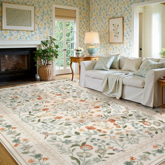 Moynesa 8'x10' Floral Area Rugs for Living Room, Washable Large Vintage Botanical Rugs for Bedroom, Soft Non Slip Cottagecore Flower Accent Carpet for Dining Room Dorm Apartmen, Beige