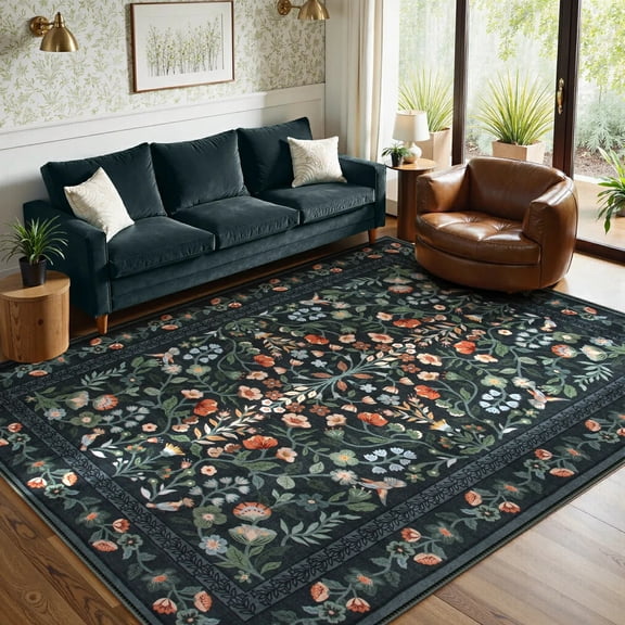 Moynesa 8'x10' Floral Area Rugs for Living Room, Washable Large Vintage Botanical Rugs for Bedroom, Soft Non Slip Cottagecore Flower Accent Carpet for Dining Room Dorm Apartmen, Black
