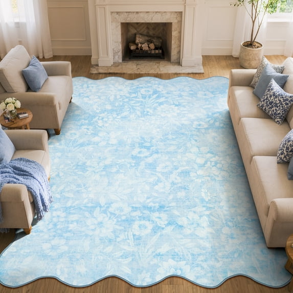 Moynesa 8'x10' Floral Scalloped Large Area Rugs for Living Room, Vintage Distressed Washable Rug, Cottage Boho Accent Rug for Bedroom Sunroom Playroom Office Low Pile Non Slip, Mist Blue
