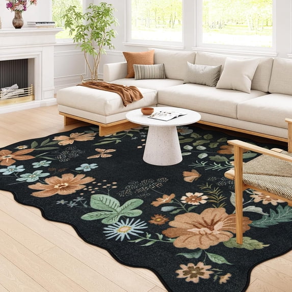 Moynesa 8'x10' Floral Washable Area Rugs, 8x10ft Soft Bedroom Large Rug for Living Room Ultra-Thin Non Slip Dining Room Rug, Stain Resistant Boho Rugs Easy Clean Throw Carpet for Office,Black
