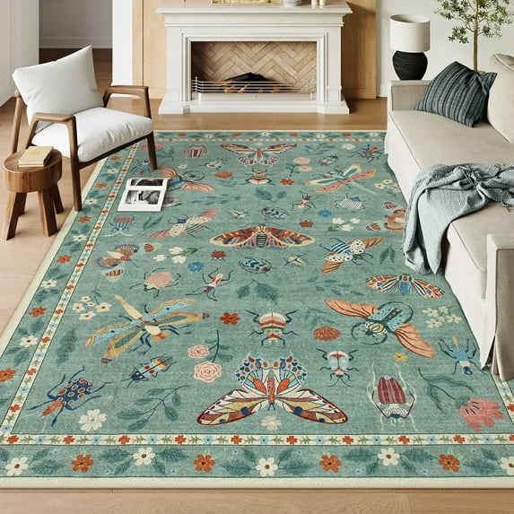 Moynesa Insect 8'x10' Large Area Rugs for Living Room Washable Natural Bedroom Rug Bug Accent Carpet for Dining Room Nursery Office Sunroom Stain Resistant Non Slip, Light Green
