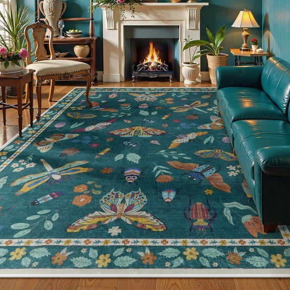 Moynesa Insect 8'x10' Large Area Rugs for Living Room Washable Natural Bedroom Rug Bug Accent Carpet for Dining Room Nursery Office Sunroom Stain Resistant Non Slip, Green