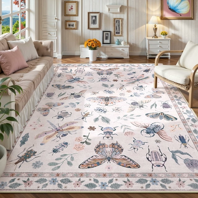 Moynesa Insect 8'x10' Large Area Rugs for Living Room Washable Natural Girls Bedroom Rug Bug Accent Carpet for Dining Room Nursery Office Sunroom Stain Resistant Non Slip, Pink