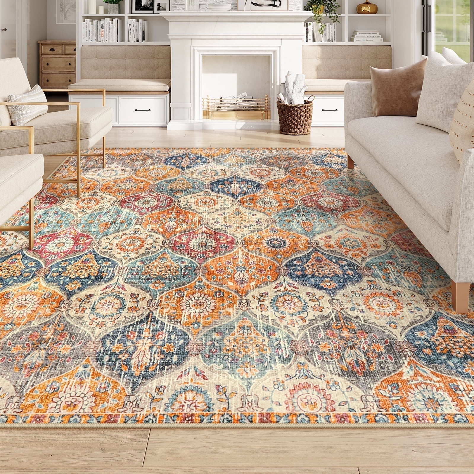 Moynesa 8'x10' Large Area Rug for Living Room Indoor Moroccan Vintage Washable Rug Ultra-Thin Foldable Soft Rug Non-Slip Accent Rugs for Living Bedroom Office Dining Room,Cream