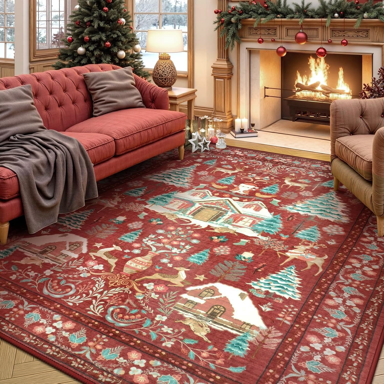 Moynesa 8'x10' Large Christmas Rug for Living Room, Washable Non-Slip Area Rug, Soft Vintage Holiday Rug for Dining Room, Bedroom Xmas Accent Carpet Indoor Christmas Decor, Red
