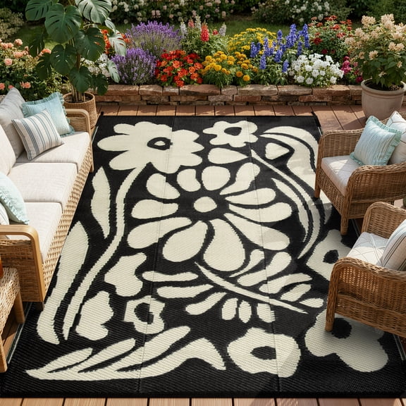 Moynesa 8'x10' Outdoor Rugs Waterproof, Plastic Straw RV Rugs for Outside, Large Portable RV Outdoor Rugs for Camping, Reversible Flower Picnic Mat for Camper Garden Tent