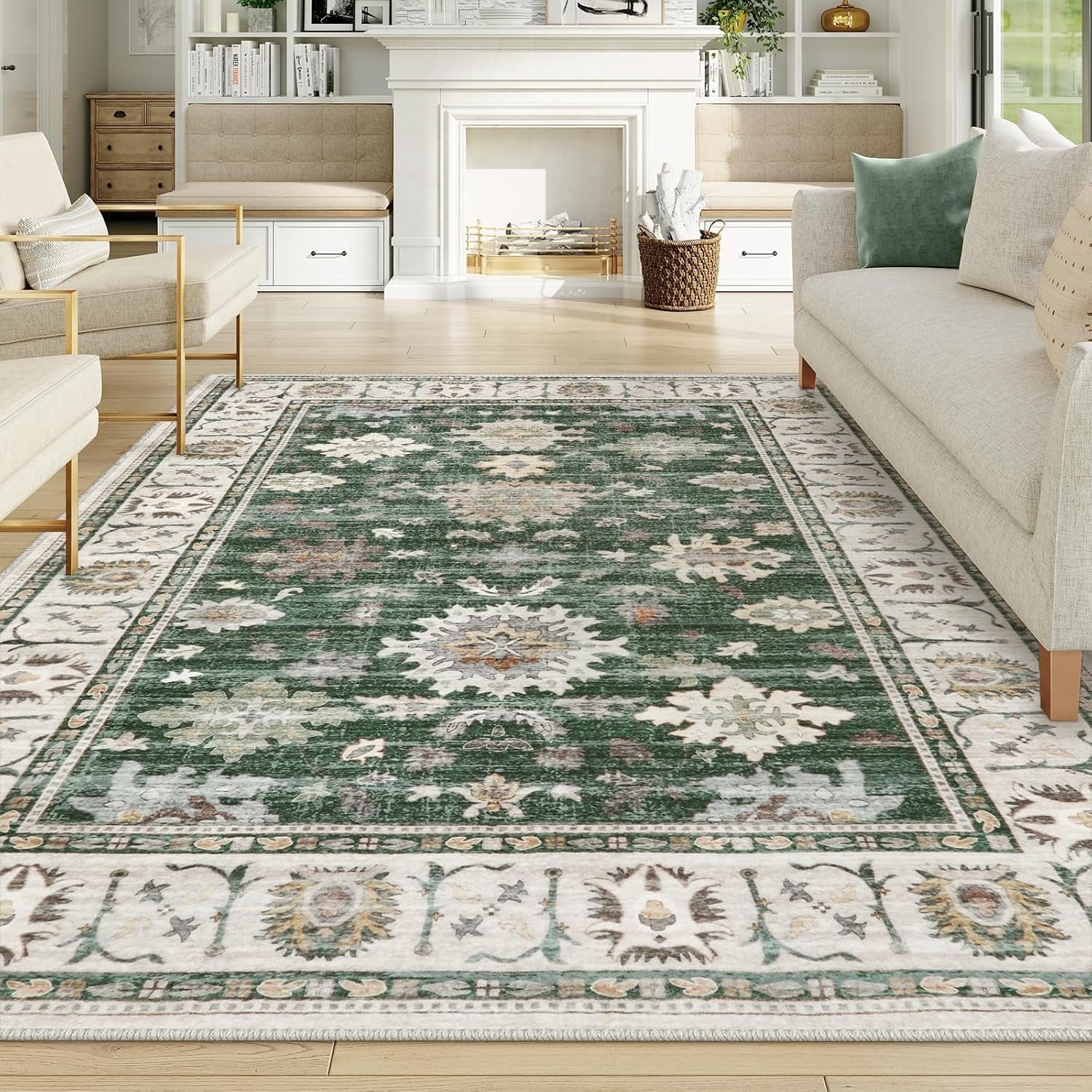 Moynesa 8'x10' Vintage Area Rugs,Oriental Farmhouse Large Rugs for Living Room,Low-Pile Soft Distressed Bedroom Rug Non-Slip Washable Indoor Floor Carpet for Dining Room Dorm Office,Green - Walmart.com