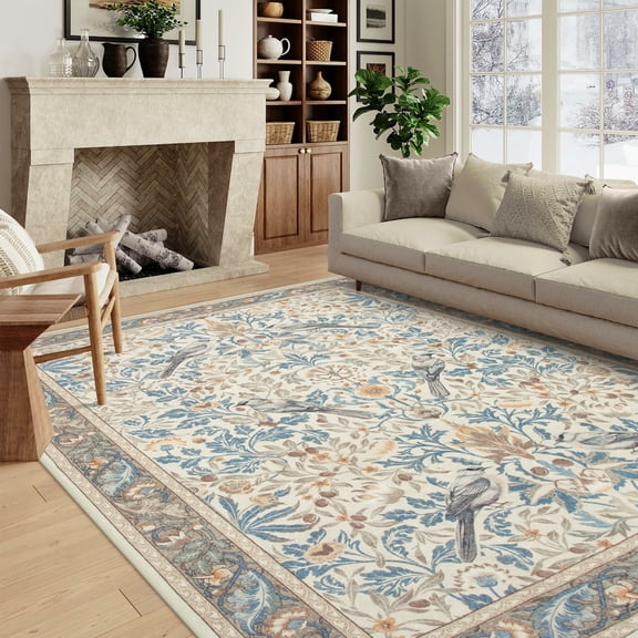 Moynesa 8'x10' Vintage Bird Washable Rugs for Living Room, Beige Botanical Floral Large Area Rugs for Bedroom, Non-Slip Soft Natural Rugs for Dining Room, Accent Carpet for Under Table Apartment