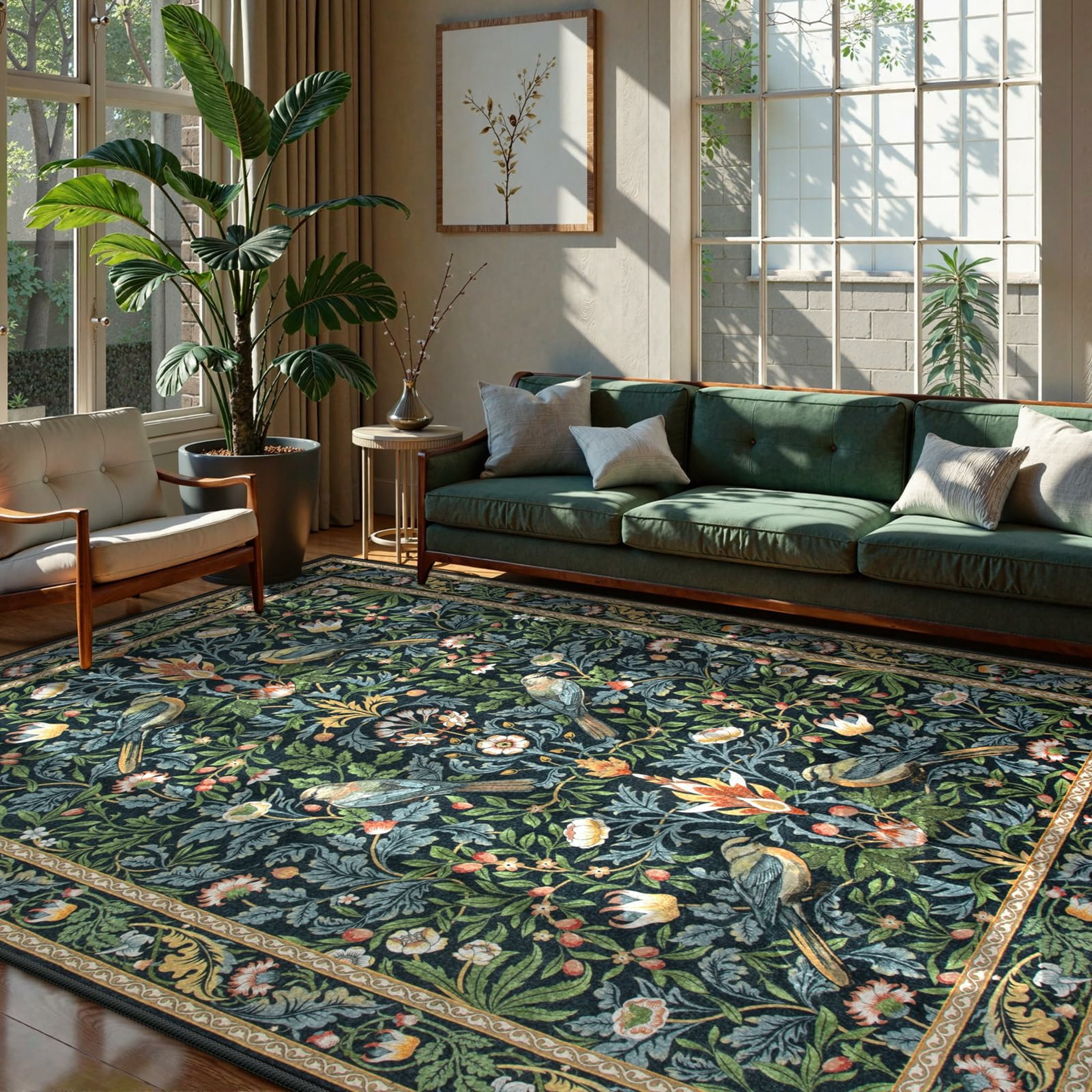 Moynesa 8'x10' Vintage Bird Washable Rugs for Living Room, Green Botanical Floral Large Area Rugs for Bedroom, Non-Slip Soft Natural Rugs for Dining Room, Accent Carpet for Under Table Apartment