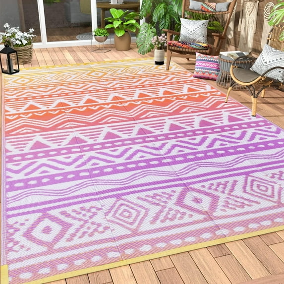 Moynesa Large Outdoor Rug Waterproof, 8'x10' Lightweight Plastic Straw Rug for Camping RV, Reversible Outside Carpet for Patio Deck Porch Balcony Picnic Tent, Orange/Purple