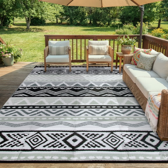 Moynesa Large Outdoor Rug Waterproof, 8'x10' Lightweight Plastic Straw Rug for Camping RV, Reversible Outside Carpet for Patio Deck Porch Balcony Picnic Tent, Black/Gray