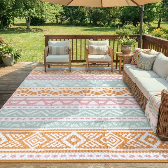 Moynesa Large Outdoor Rug Waterproof, 8'x10' Lightweight Plastic Straw Rug for Camping RV, Reversible Outside Carpet for Patio Deck Porch Balcony Picnic Tent, Pink/Orange