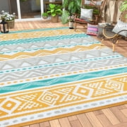 Moynesa Large Outdoor Rug Waterproof, 8'x10' Lightweight Plastic Straw Rug for Camping RV, Reversible Outside Carpet for Patio Deck Porch Balcony Picnic Tent, Blue/Yellow