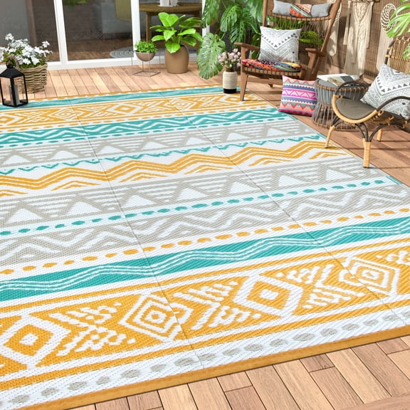 Moynesa Large Outdoor Rug Waterproof, 8'x10' Lightweight Plastic Straw Rug for Camping RV, Reversible Outside Carpet for Patio Deck Porch Balcony Picnic Tent, Blue/Yellow