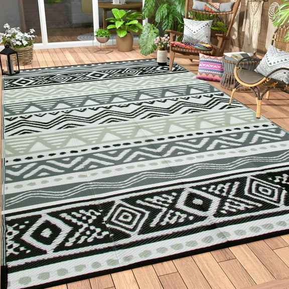 Moynesa Large Outdoor Rug Waterproof, 8'x10' Lightweight Plastic Straw Rug for Camping RV, Reversible Outside Carpet for Patio Deck Porch Balcony Picnic Tent, Black/Gray