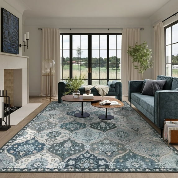Moynesa 9'x12' Area Rug for Living Room Moroccan Ultra-Thin Machine Washable Large Carpet Non-Slip Bedroom Rug Non Shedding Accent Rug for Dining Room Office,Blue