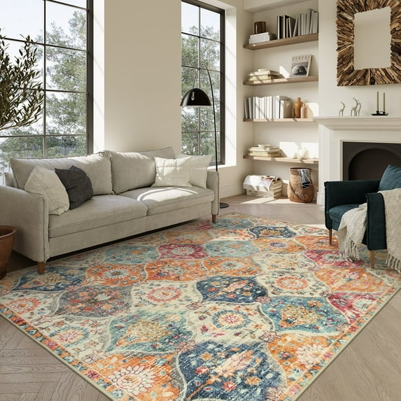 Moynesa 9'x12' Area Rug for Living Room Moroccan Ultra-Thin Machine Washable Large Carpet Non-Slip Bedroom Rug Non Shedding Accent Rug for Dining Room Office,Cream