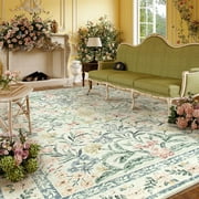 Moynesa 9'x12' Boho Beige Area Rugs Living Room, Washable Floral Large Area Rugs for Bedroom, Soft Non-Slip Thin Rug for Home Decor, Beige