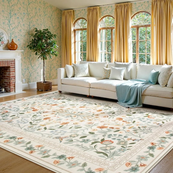 Moynesa 9'x12' Floral Area Rugs for Living Room, Washable Large Vintage Botanical Rugs for Bedroom, Soft Non Slip Cottagecore Flower Accent Carpet for Dining Room Dorm Apartmen, Beige
