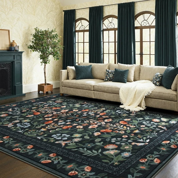 Moynesa 9'x12' Floral Area Rugs for Living Room, Washable Large Vintage Botanical Rugs for Bedroom, Soft Non Slip Cottagecore Flower Accent Carpet for Dining Room Dorm Apartmen, Black