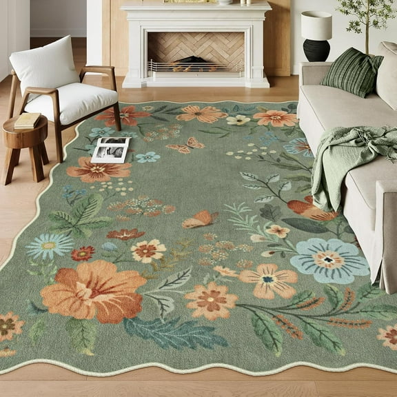 Moynesa 9'x12' Floral Washable Area Rugs, 9x12ft Soft Bedroom Large Rug for Living Room Ultra-Thin Non Slip Dining Room Rug, Stain Resistant Boho Rugs Easy Clean Throw Carpet for Office,Green