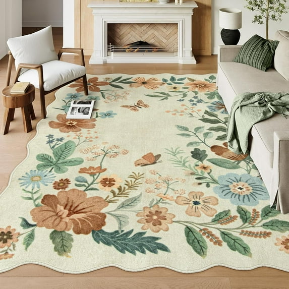 Moynesa 9'x12' Floral Washable Area Rugs, 9x12ft Soft Bedroom Large Rug for Living Room Ultra-Thin Non Slip Dining Room Rug, Stain Resistant Boho Rugs Easy Clean Throw Carpet for Office,Beige