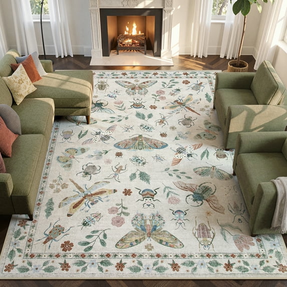 Moynesa Insect 9'x12' Large Area Rugs for Living Room Washable Natural Bedroom Rug Bug Accent Carpet for Sunroom Dining Room Office Stain Resistant Non Slip, Beige