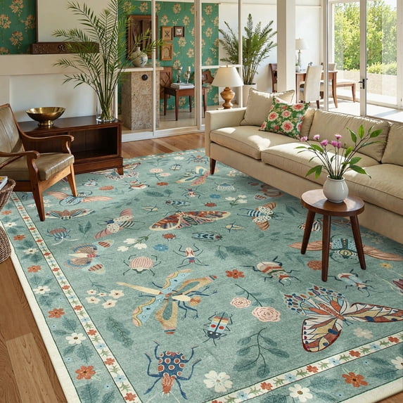 Moynesa Insect 9'x12' Large Area Rugs for Living Room Washable Natural Bedroom Rug Bug Accent Carpet for Sunroom Dining Room Office Stain Resistant Non Slip, Light Green