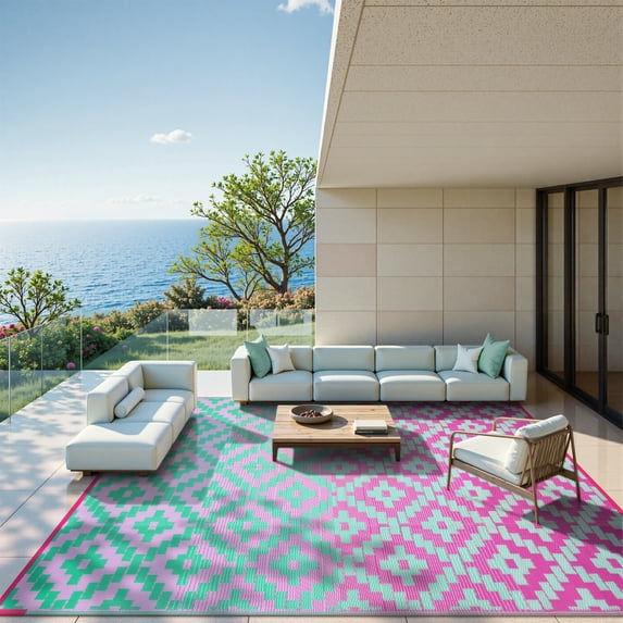 Moynesa 9'x12' Large Outdoor Rug, Waterproof Patio Rug Reversible Indoor Outdoor Rug Lightweight Plastic Straw Rug for Camping RV Deck Porch Balcony Picnic Tent, Green/Pink