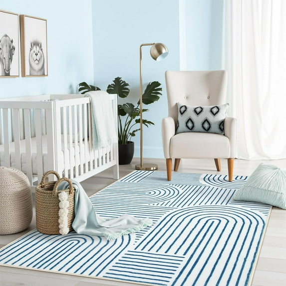 Moynesa 4'x6' Abstract Area Rug for Bedroom Nursery, Ultra-Thin Soft Washable Rug Non-Slip Modern Living Room Rug Non-Shedding Throw Carpet for Laundry Room Entryway Office Kitchen, Blue