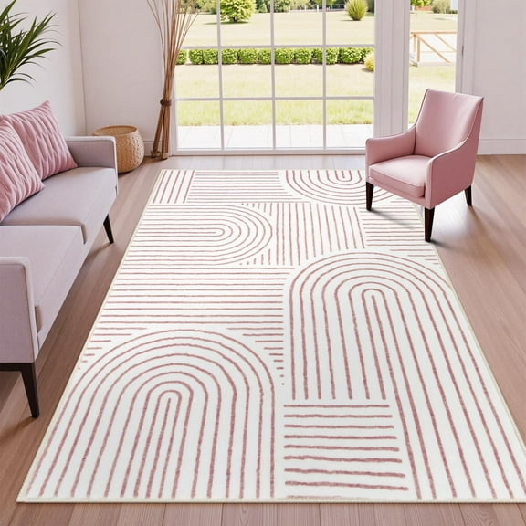 Moynesa 5'x7' Abstract Area Rugs for Living Room, Ultra-Thin Soft Washable Rug Non-Slip Modern Girls Bedroom Rug Rainbow Throw Carpet for Dining Room Nursery Playroom Office, Light Pink