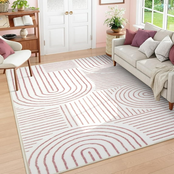 Moynesa 8'x10' Abstract Area Rugs for Living Room, Ultra-Thin Soft Washable Rug Non-Slip Large Modern Girls Bedroom Rug Non-Shedding Accent Carpet for Dining Room Office, Light Pink