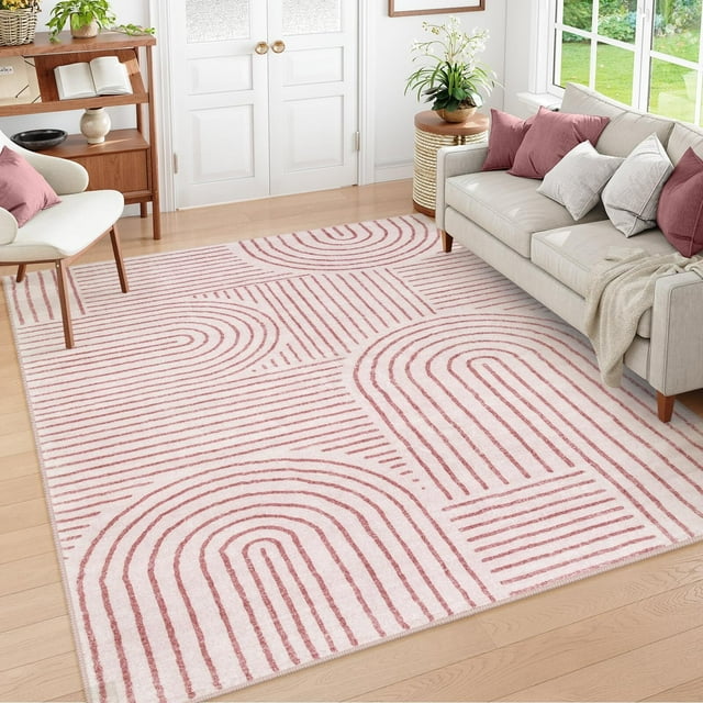 Moynesa 8'x10' Abstract Area Rugs for Living Room, Ultra-Thin Soft Washable Rug Non-Slip Large Modern Girls Bedroom Rug Non-Shedding Accent Carpet for Dining Room Office, Pink