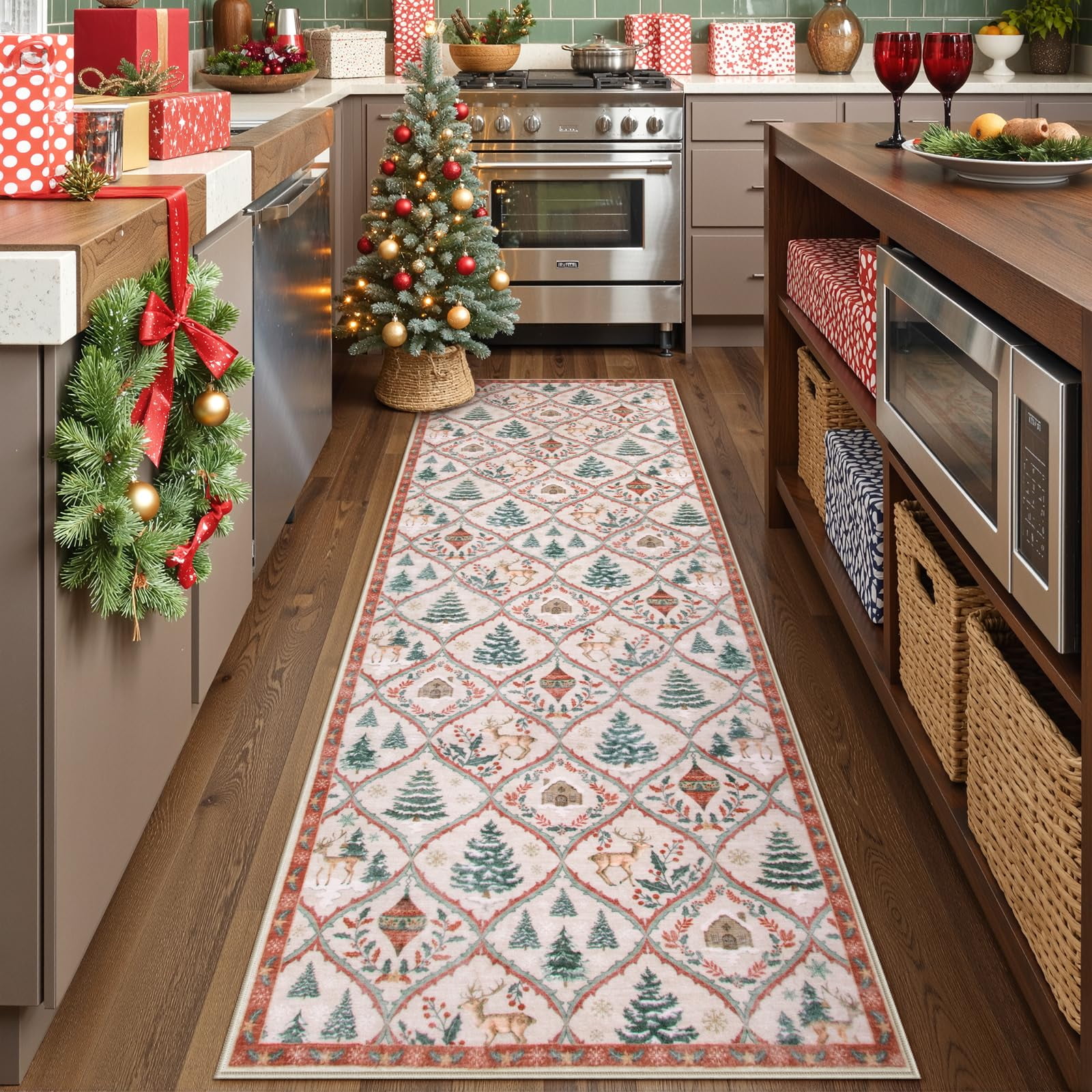 Moynesa Christmas 2'x6' Runner Rugs for Hallway, Washable Beige Kitchen ...