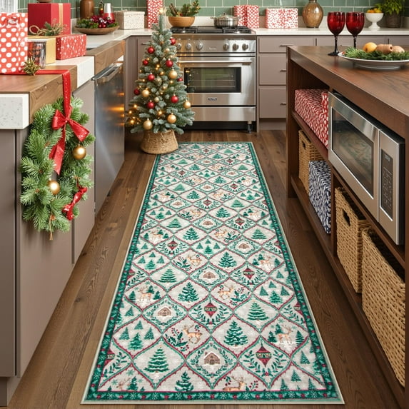Moynesa Christmas 2'x6' Runner Rugs for Hallway, Washable Cream Kitchen Rug Carpet Runner,Non-Slip Low Pile Soft Winter Moroccan Holiday Xmas Decor Modern Mat for Entrance Bedroom Laundry