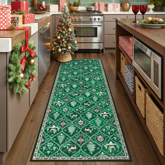 Moynesa Christmas 2'x6' Runner Rugs for Hallway, Washable Green Kitchen Rug Carpet Runner,Non-Slip Low Pile Soft Winter Moroccan Holiday Xmas Decor Modern Mat for Entrance Bedroom Laundry