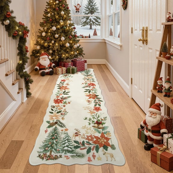 Moynesa 2'x6' Christmas Runner Rugs for Hallway, Washable Kitchen Rug Carpet Runner, Non-Slip Low Pile Soft Winter Boho Holiday Xmas Decor Modern Mat for Entrance Bedroom Laundry, Beige