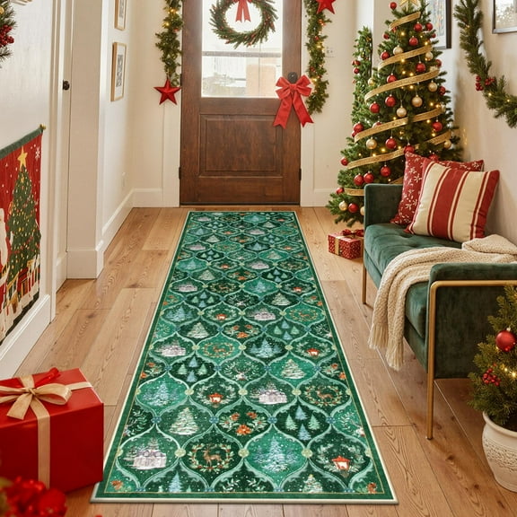 Moynesa Christmas 2'x6' Runner Rugs for Hallway, Washable Kitchen Rug Carpet Runner, Non-Slip Low Pile Soft Winter Moroccan Holiday Xmas Decor Modern Mat for Entrance Bedroom Laundry, Green