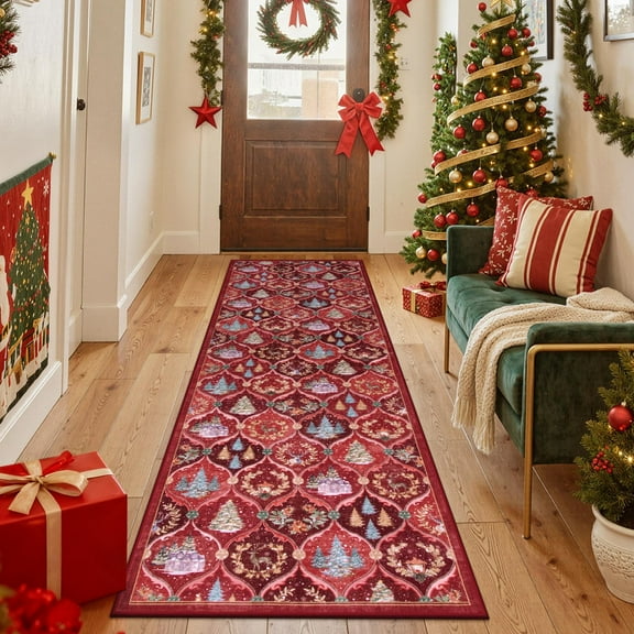 Moynesa Christmas 2'x6' Runner Rugs for Hallway, Washable Kitchen Rug Carpet Runner, Non-Slip Low Pile Soft Winter Moroccan Holiday Xmas Decor Modern Mat for Entrance Bedroom Laundry, Red