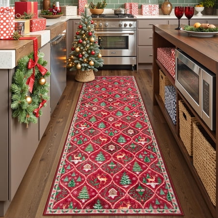 Moynesa Christmas 2'x6' Runner Rugs for Hallway, Washable Red Kitchen Rug Carpet Runner,Non-Slip Low Pile Soft Winter Moroccan Holiday Xmas Decor Modern Mat for Entrance Bedroom Laundry