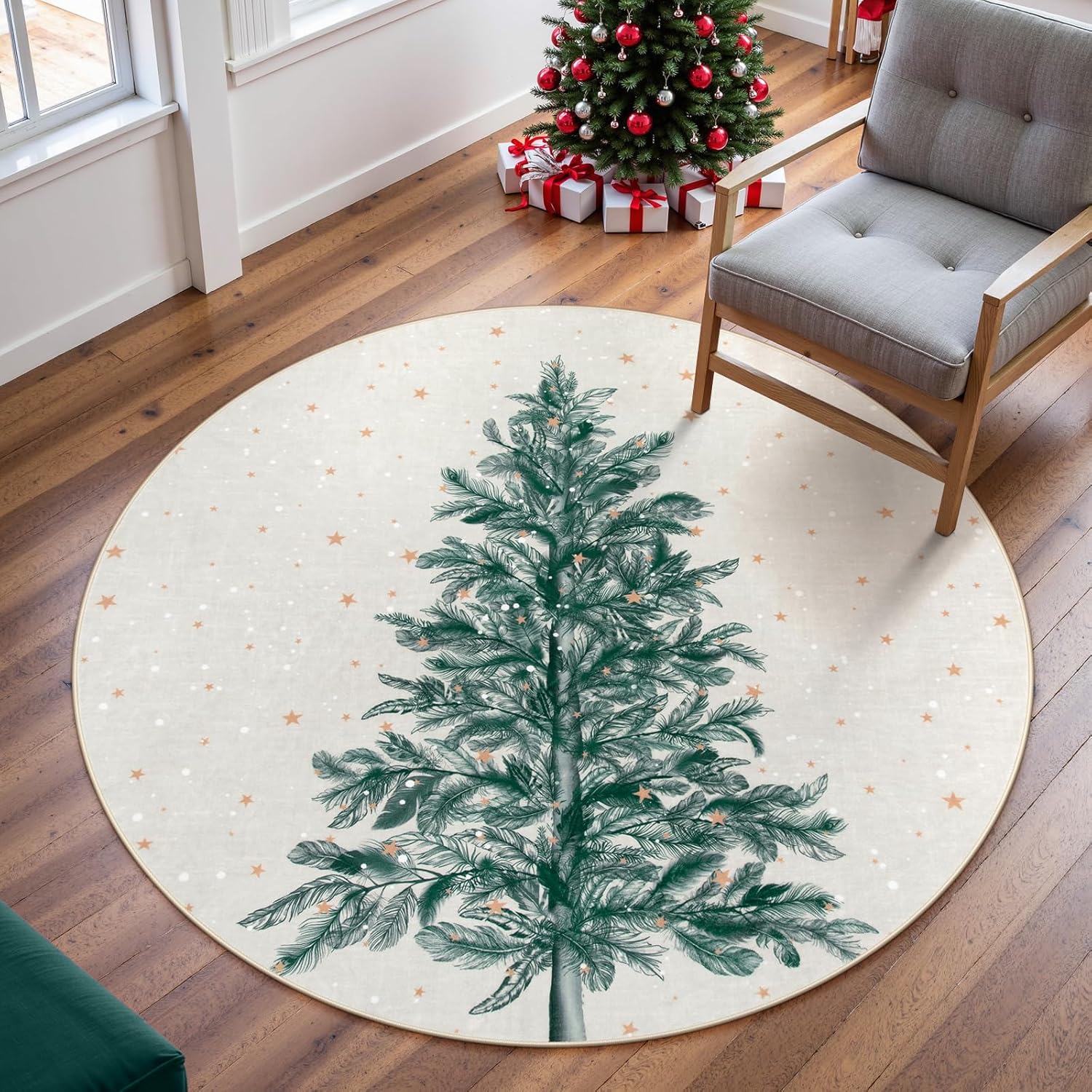 Moynesa Christmas 4ft Round Rug,4' Round Area Rug Beige Christmas Tree ...