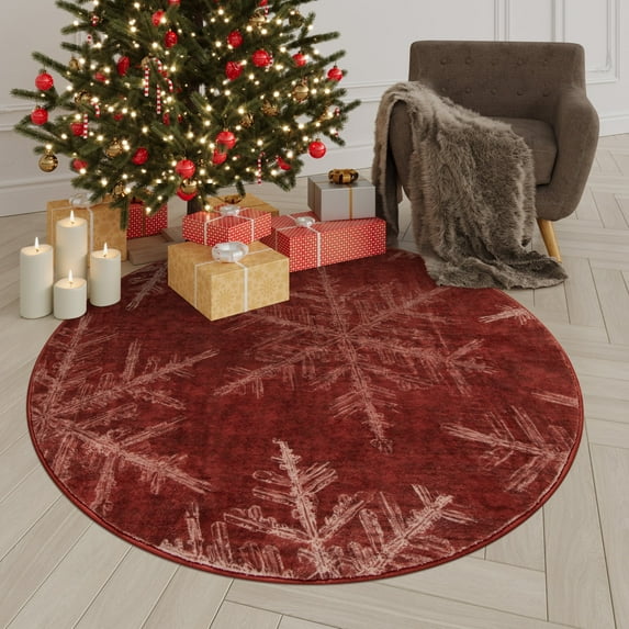 Moynesa Christmas 5ft Round Rug,5' Round Area Rug Red Snowflake Washable Rug Indoor Carpet Decorative Circle Rug Non Slip Soft Rug Holiday Decor for Kitchen Bedroom Foyer Living Room